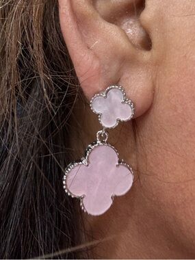 Delicate Pink Clover Drop Earrings with Silver Trim